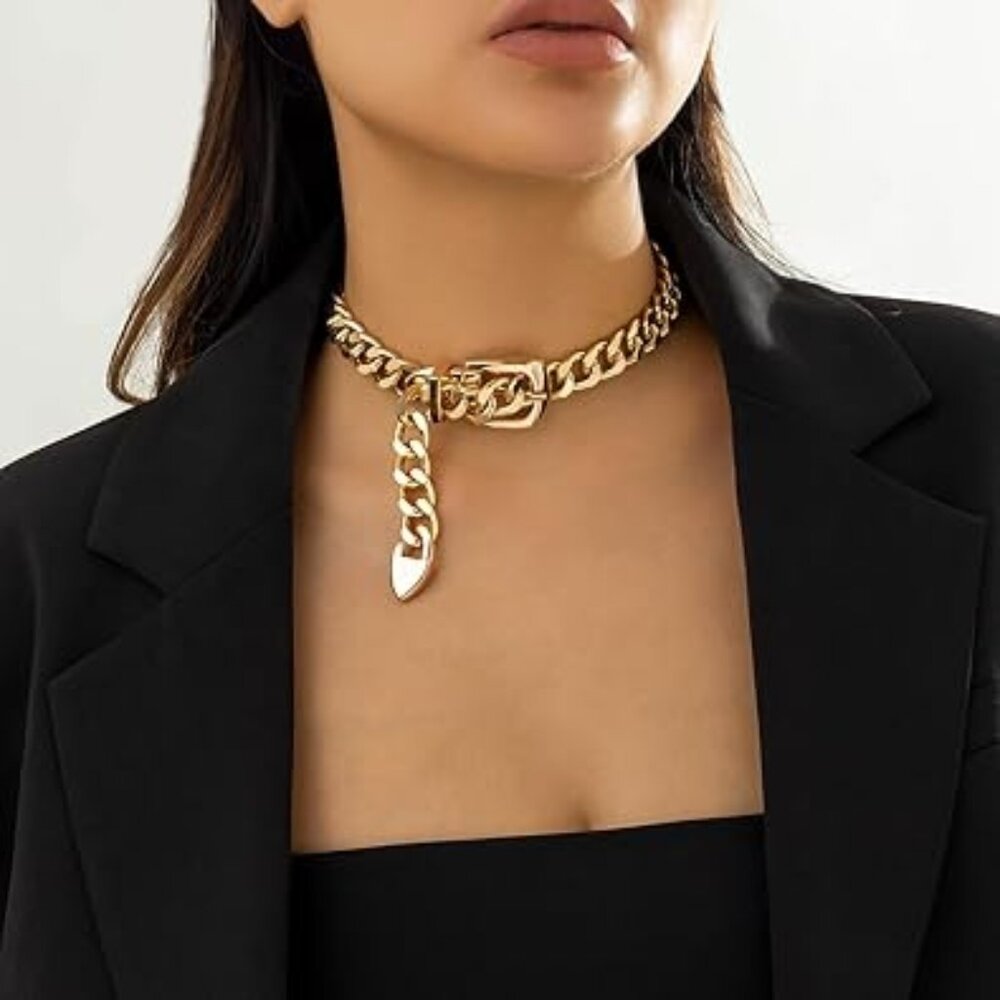 Chunky‎ Gold Chain Belt Buckle Choker Necklace Gold Tone